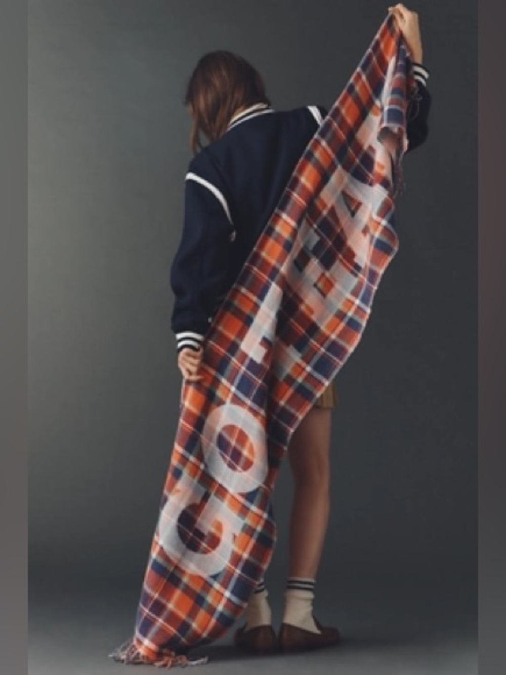 Anthropologie Plaid go team Fringe Wrap Scarf - Orange & Navy